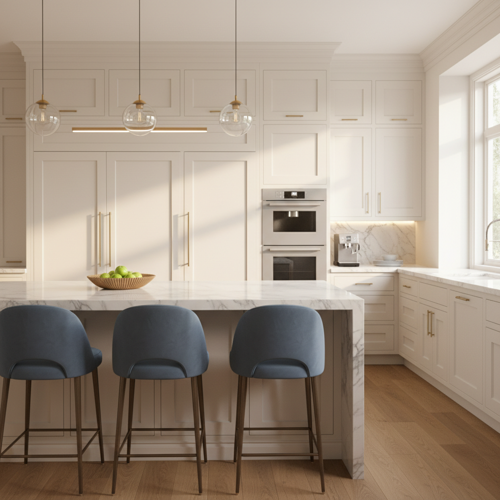 Upscale kitchen with integrated refrigerator and wall oven