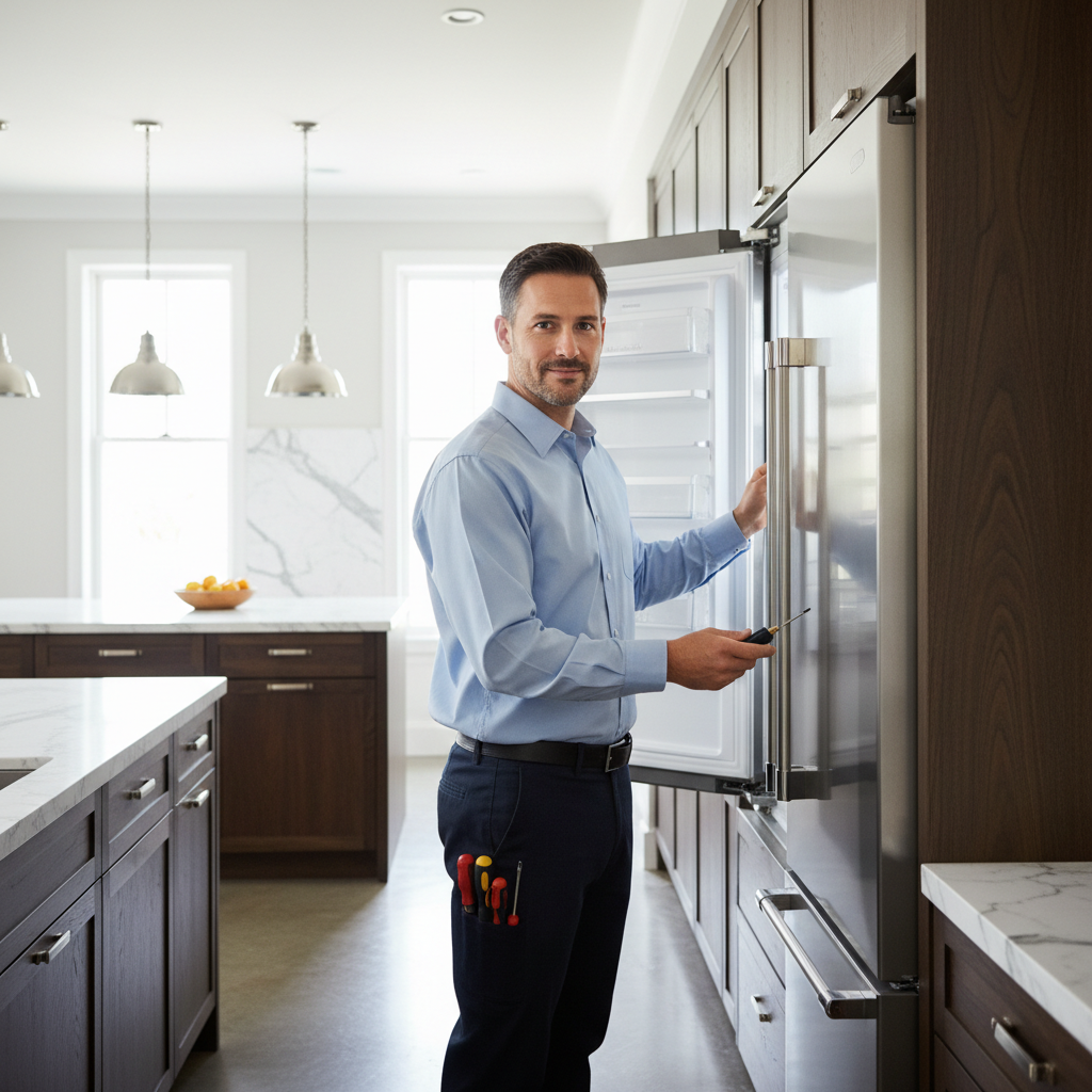 Professional technician inspecting a built-in Thermador refrigerator